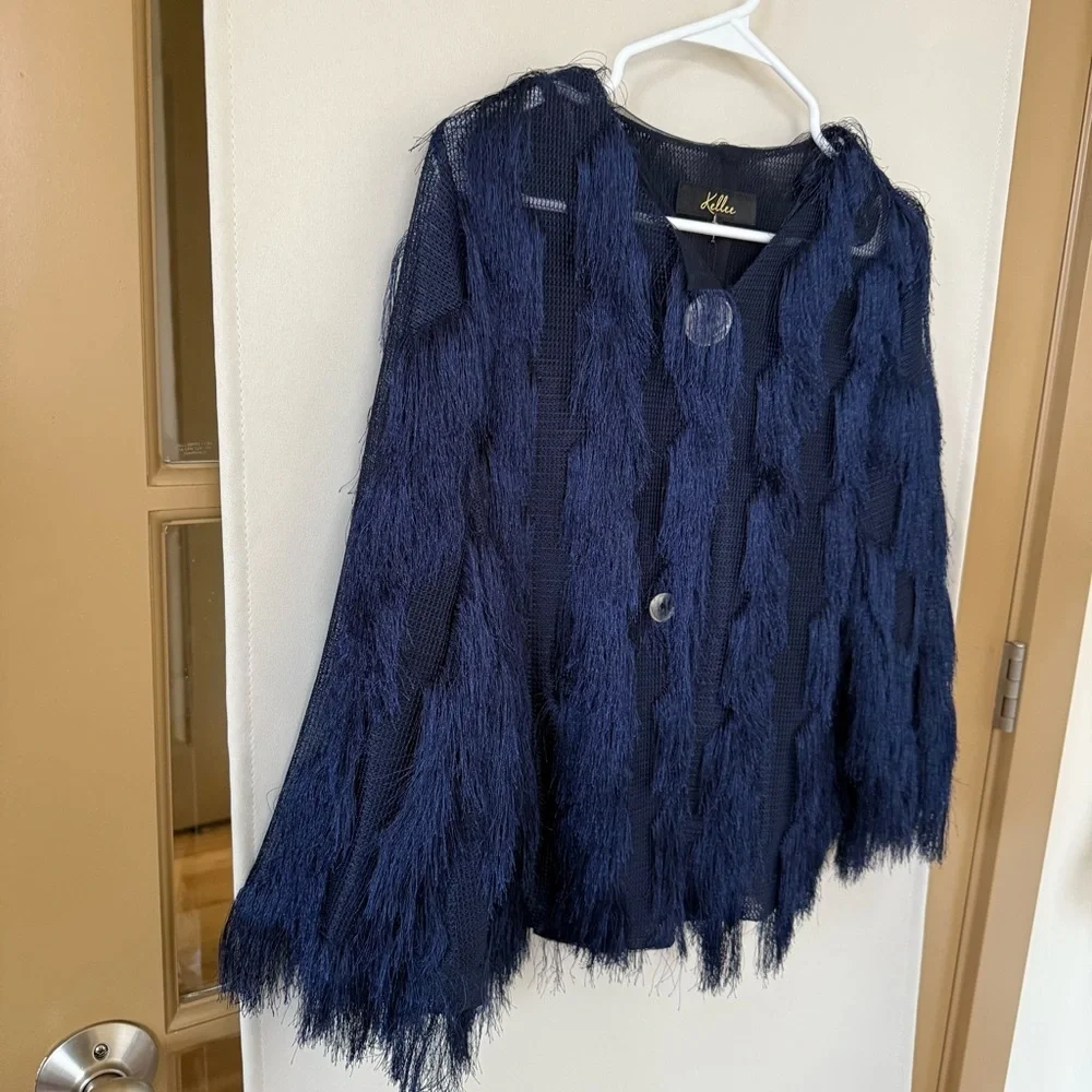 Kellee Womens‎ Small Navy Blue Fringe Flare 3/4 Sleeve Button Up Cardigan